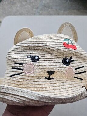 Cute Cat Face Straw Bucket Hat with Embroidered Flower